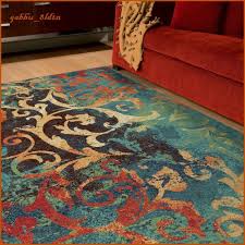 Unique Watercolor Scroll Area Rug Teal Blue Red Orange Contemporary Carpet Brown Living Room Decor Orian Rugs Area Rugs