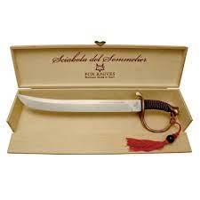 This champagne saber comes with stand and ships in a Fox Sciabola Sommelier Guardia Rame Coltelleria Lorenzi Milano