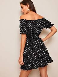 Off Shoulder Ruffle Hem Polka Dot Dress Dot Dress