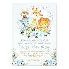 Cute Blue Flowers Jungle Safari Boy Baby Shower Invitation Zazzle Com Baby Shower Invitations For Boys Elephant Baby Shower Boy Baby Shower Invitations