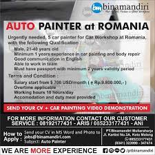 Ptbinamandiri On Twitter Are You A Good Auto Painter A Romanian Body Workshop Requires Auto Painter With Knowledge Of Body Repair Salary Rp 10 Million Month If You Are Qualified With Passport