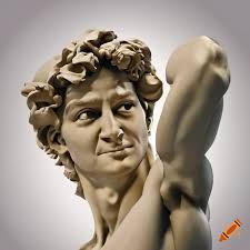 Smiling Michelangelo's David winks and poses with upper arm muscles,  simplified, reduce colors, HD, white background