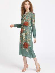 Green Floral Print Keyhole Back Long Sleeve Midi Dress Elegant Floral Dress Womens Floral Dress Long Sleeve Casual Dress
