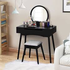 Gymax Makeup Vanity Table Set W Round Mirror 2 Sliding Drawers Dressing Table Black In 2020 Vanity Table Set Vanity Table Makeup Table Vanity