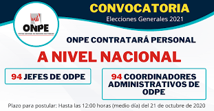 Programa de prácticas para técnicos y universitarios. Convocatoria Laboral En Onpe Elecciones Generales 2021 Jefes Y Coordinadores Administrativos De Odpe Semana De Empleos