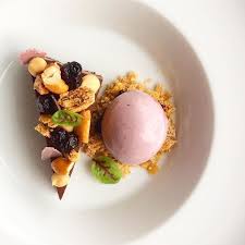 Dark Chocolate Budino Huckleberry Ice Cream Cashew Wafer Streusel Ganache Huckleberry Auger Doux Effervesce Huckleberry Ice Cream Plated Desserts Streusel