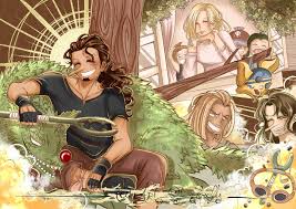 art-of-firefly, banchina, kaya (one piece), ninjin (one piece), piiman (one  piece), sogeking, tamanegi (one piece), usopp, yasopp, one piece,  absurdres, highres, artist name, black hair, blonde hair, brown hair,  closed eyes, facial