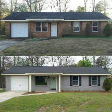 Find the perfect painted brick stock photos and editorial news pictures from getty images. Brick Ranch Exterior Makeover Painted Brick Hgtv Sherwin Williams Hammered Zinc Gray House With Cr Home Exterior Makeover Painted Brick House Exterior Brick