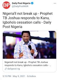 Ipob members are only known to create trouble but when the sees the terrorist that promised his atm cards to go to abuja and return with his father's head is now hiding under his father's bed pressing some mumu's. Prophet Tb Joshua Replies Nnamdi Kanu Over Calls For Biafra Austine Media