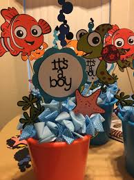 Finding Nemo Baby Shower Centerpiece Up Close Easy To Make Buckets Foam Tablecloth Cricut Fo Finding Nemo Baby Shower Nemo Baby Shower Disney Baby Shower