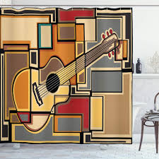 Ambesonne Music Shower Curtain Funky Fractal Geometric Square Shaped Background With Acoustic Guitar Art Cloth Fabric Bathroom Decor Set With Hooks 70 Long Pale Yellow