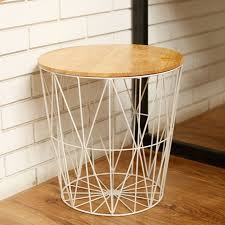 White Metal Wire Basket Wooden Top Side Table Storage Loft Living Home Storage Baskets Metal Decor Coffee Table With Storage