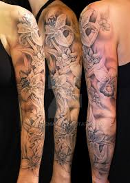 Full Lily And Orchid Sleeve Sleeve Tattoos Full Sleeve Tattoo Design Flower Tattoo Sleeve