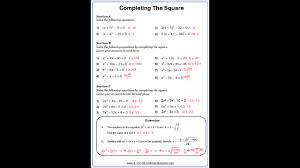 Quadratic equations by completing the square Maths Worksheet Complete The Square Youtube