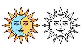 The relative positions of earth, the moon, and the sun determine how much of the lighted half can be seen from earth, as seen on the right. Stylized Half Sun Half Moon Face Black And White Drawing And Color Version Vintage Boho Tattoo Symbol Sun And Moon Drawings Half Sun Half Moon Sun Clip Art