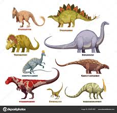 Dinosaurios conjunto de dibujos animados con nombres Vector de stock  454621906 de ©macrovector
