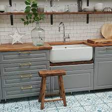 Offene, schwarze küche mit großer kochinsel. Ikea Bodbyn Kitchen Grey With White Metro Tiles Butler Belfast Sink Moroccan Cement Tiles Reclaimed But Wood Worktop Bodbyn Kitchen Grey Trendy Kitchen Tile