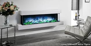 The multi fire xd displays flames that look like a natural wood burning fire, gas flames, and a kaleidoscope of colored flames. New Wall Mounted Fireplace Suites From Flamerite Exo 1500 Iona 1500 Electric Fireplaces Flames Co Uk