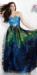 Sleeveless Sky Blue Bodice With A Full Skirt In Peacock Deep Blue With A Emerald Peacock Print From The Waist Of Peacock Dress Ball Gowns Evening Dresses Prom