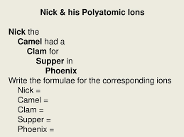 (cl for clams) and that is your base chemical. Ppt Nick His Polyatomic Ions Nick The Camel Had A Clam For Supper In Phoenix Powerpoint Presentation Id 4678513