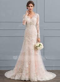 Trumpet Mermaid V Neck Court Train Tulle Lace Wedding Dress 002118440 Wedding Dresses Wedding Dress Long Sleeve Wedding Dresses Lace Petite Wedding Dress