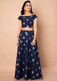 Navy Foil Boat Neck Silk Crop Top Navy Fashion Faballey Boatneck Navyfoil Croptop Indya Tradition Designer Dresses Indian Buy Crop Tops Print Crop Tops