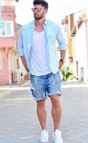 Street Style Casual Light Blue Ripped Shorts Outfit Mens Summer Outfits Mens Casual Outfits Summer Outfits Men