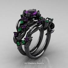 Black And Purple Wedding Ring Set Nature Classic 14k Black Gold 1 0 Ct Amethyst Emerald Leaf And Vine Engagement Ring Wedding Band Set R340sg 14kbgemam Black Gold Ring Engagement Rings Wedding Bands Set Black Gold Jewelry