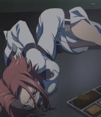 kouzuki kallen, code geass, highres, screencap, 00s, 1girl, bdsm, blue  eyes, bondage, bound, gag, gagged, red hair, solo, straitjacket, strap 