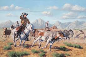 Just Keep Movin You Have Seen The Image A Hundred Times Cowboys Moving Cattle On The Open Range In The Light Of The Scorchi In 2020 Western Art Painting Top Artists