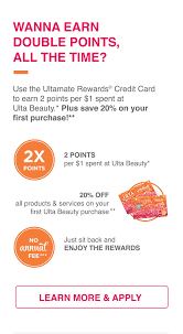 Enjoy the little things in life, even a tiny coupon. Use The Ultamate Rewards Credit Card To Earn 2 Points Per 1 Spent Save 20 On Your First Purchase Rewards Credit Cards Credit Card Services Credit Card
