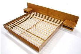 Mid Century Modern King Bed Frame With Long Headboard And Storage Side Tables Modern Bed Frame Bed Frame Plans Low Profile Bed Frame