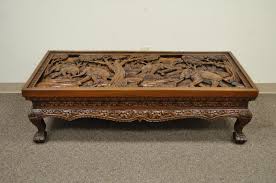 Vintage carved mahogany tea table w/six nesting stools and glass top gorgeous. 20th Century Vietnamese Hand Carved Asian Coffee Low Table With Elephant Scene For Sale At 1stdibs