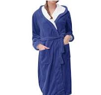 Flannel Bathrobe for Women Hooded Pajamas Bath Spa Robe Premium Plush Robe  Soft Warm Fleece Sherpa Shaggy Homewear (L, Blue)