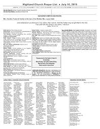 Highland Church Prayer List ♢ July 10, 2019