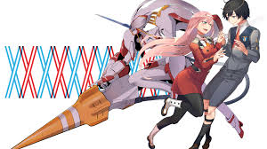 Zero two desktop wallpapers, hd backgrounds. Darling In The Franxx Zero Two Hiro Zero Two And Hiro Standing On Slanting With Background Of White And Blue Red X Hd Anime Wallpapers Hd Wallpapers Id 38872