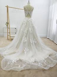 Romantic Tulle Appliqued A Line Wedding Dresses With Chapel Train Wd217 Bohoprom Beach Wedding Dresses Backless Boho Wedding Gowns Backless Wedding Dress
