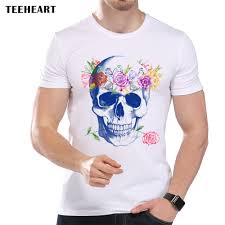 Teeheart Mens Flower Skull Print T Shirt Men Summer Brand