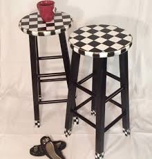 Black And White Checkered Bar Stools These 29 Hand Painted Wooden Bar Stools Are Painted In A Black And White And Gold Leaf Geometric Pattern Painted Stools Whimsical Furniture Painted Bar Stools