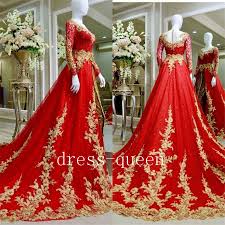 Awesome Great Sparkly Muslim Indian Wedding Dresses Red Gold Appliques Long Sleeve Bridal Gown C Applique Wedding Dress Gold Wedding Dress A Line Bridal Gowns