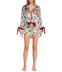 8 Oak Lane Long Sleeve Satin Mistletoe Print Shorty Bow Holiday Pajama Set 