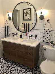 Custom Walnut Vanity Quartz Counter Lowe S Cementina Black And White Floor Subway Tile Large Round Mirr Bathrooms Remodel Bathroom Makeover Bathroom Design