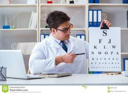 The Doctor Optician With Letter Chart Conducting An Eye Test