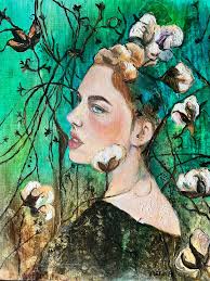 Cotton Flower Girl Oil Painting: Nature Portrait