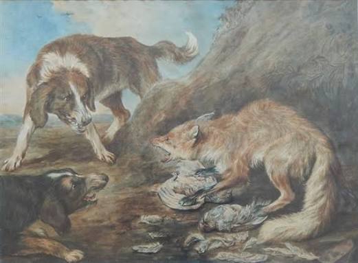 British School, 19th Century | Two hunting dogs and a fox battling for prey (1850 - 1900) | MutualArt