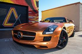 Mercedes Sls Amg 3m Satin Canyon Copper Orange Matte Black Vents Gloss Black Front Lip Vinyl Wrap Automotive Shops Vinyl Wrap Car Vinyl Racing Stripes
