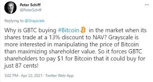So i want to do a little risk free arbitrage by shorting gbtc and buying bitcoins because gbtc is selling at like a 30% premium to nav. Peter Schiff Accuses Grayscale Of Manipulating Bitcoin Market Here S Why