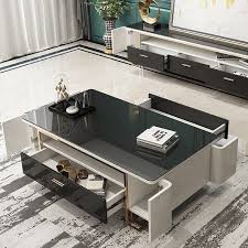 Hoxo White And Black 51 Inch Storage Coffee Table Modern Coffee Table Glass Top With 2 Drawers 4 Doors Shelf In 2020 Modern Coffee Tables Coffee Table With Storage Modern Glass Coffee Table