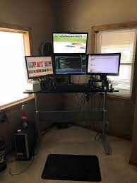 What i need now is a strong, stylish, modern looking office type table i'm looking for desk for junior year next year when i move into an apartment, and i have pretty much the same demands (excpet with 19 inch monitors). My Standing Desk Setup With 4 Monitors For Max Productivity One Monitor Used To Subtract Productivity Because Streaming Sports Battlestations