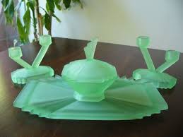 Art Deco Uranium Glass Dressing Table Set Bagley Frosted Etsy Dressing Table Set Art Deco Dressing Table Green Glass